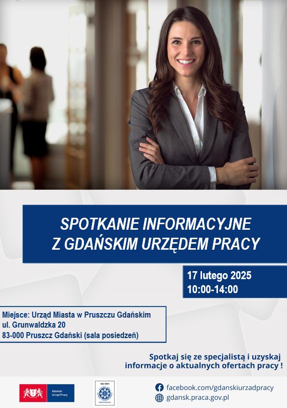 Plakat spotkania z Gdańskim Urzędem Pracy w Pruszczu Gdańskim.