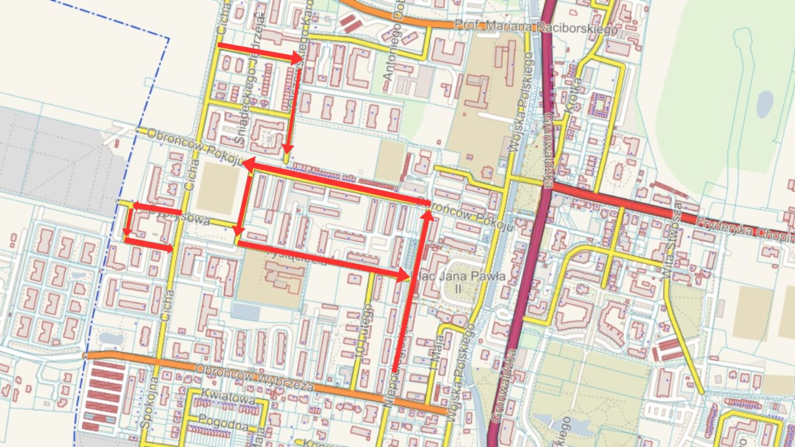 mapka przedstawiająca zmiane organizacji ruchu na osiedlu sady