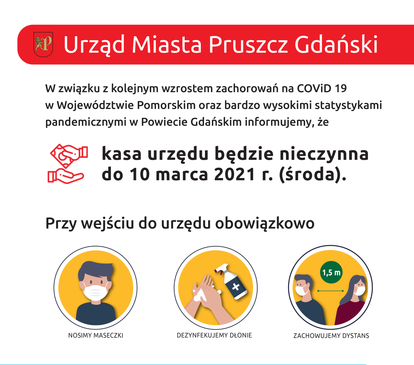 Plakat informujący o zamknięciu kasy do 10 marca 2021 roku