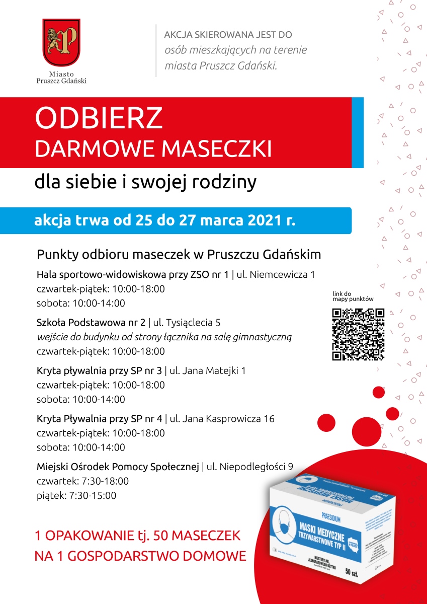 Plakat z informacją o punktach odbioru maseczek.