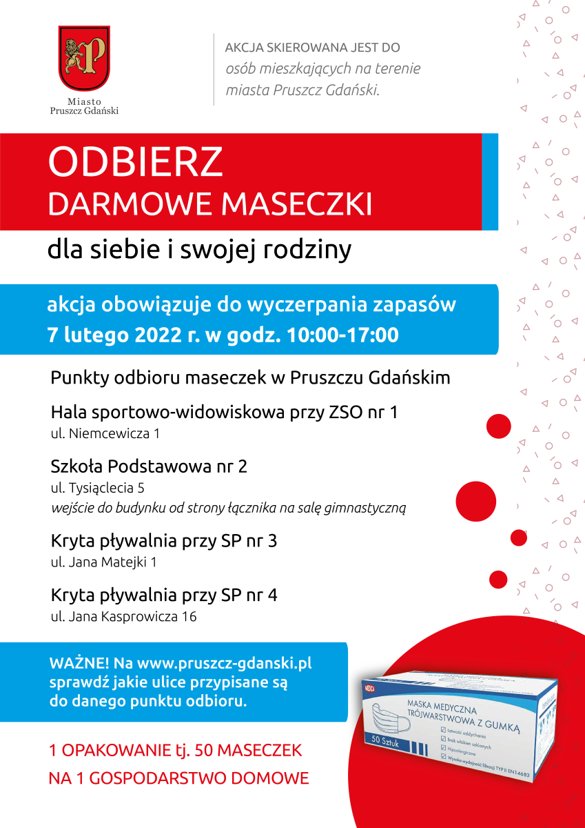 Plakat z informacją o punktach odbioru maseczek.