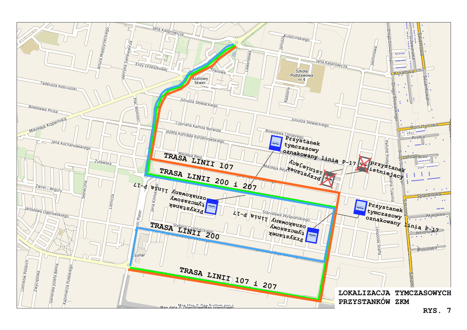 Mapa przedstawiająca przebieg komunikacji zastępczej na czas trwania prac budowlanych