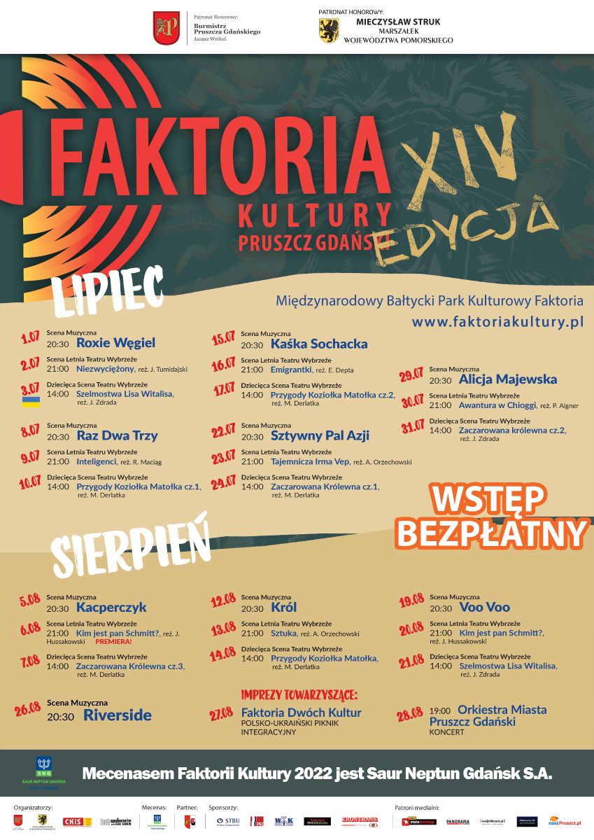 Plakat z harmonogramem wydarzeń podczas cyklu Faktoria Kultury