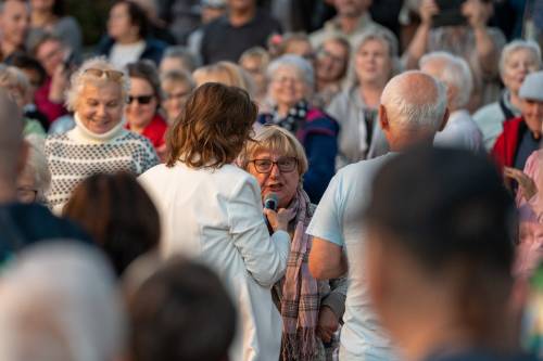 Widownia podczas koncertu. Artystka wśród publiczności. Widok zza pleców.