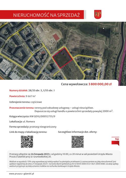 Grafika przestawia kartę informacyjną nieruchomości na sprzedaż należącej do Gminy Miejskiej Pruszcz Gdański, szczegółowe informacje znajdują się w treści artykułu.