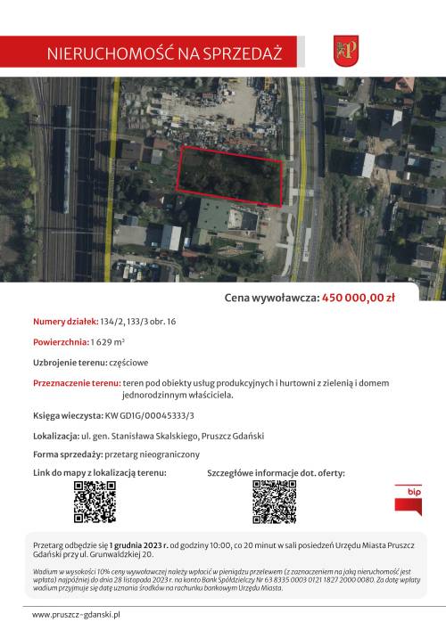 karta informacyjna dotycząca nieruchomości na sprzedaż należącej do Gminy Miejskiej Pruszcz Gdański, informacje zawarte są w treści artykułu.
