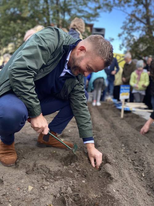 Zdjęcie przedstawia sadzenie żonkili w Pruszczu Gdańskim na inauguracji wydarzenia Pola Nadziei na Pomorzu 2024.