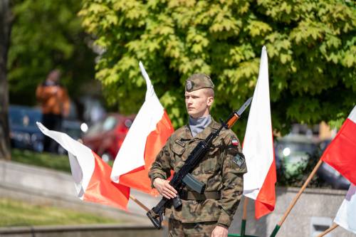Żołnierz na tle flag Polski.