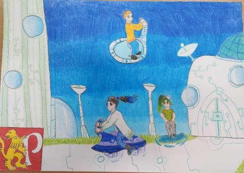 Na pracy konkursowej są dzieci latające na spodkach i herb Pruszcza Gdańskiego