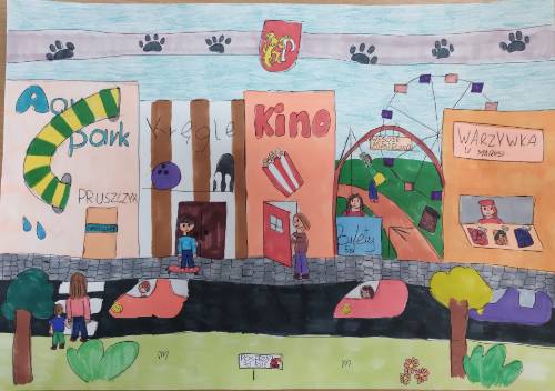 Praca konkursowa, na której jest narysowany aquapark, kino, warzywniak, ulica z ludźmi