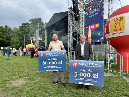 Dwóch panów zwycięzców Loterii PIT z planszami